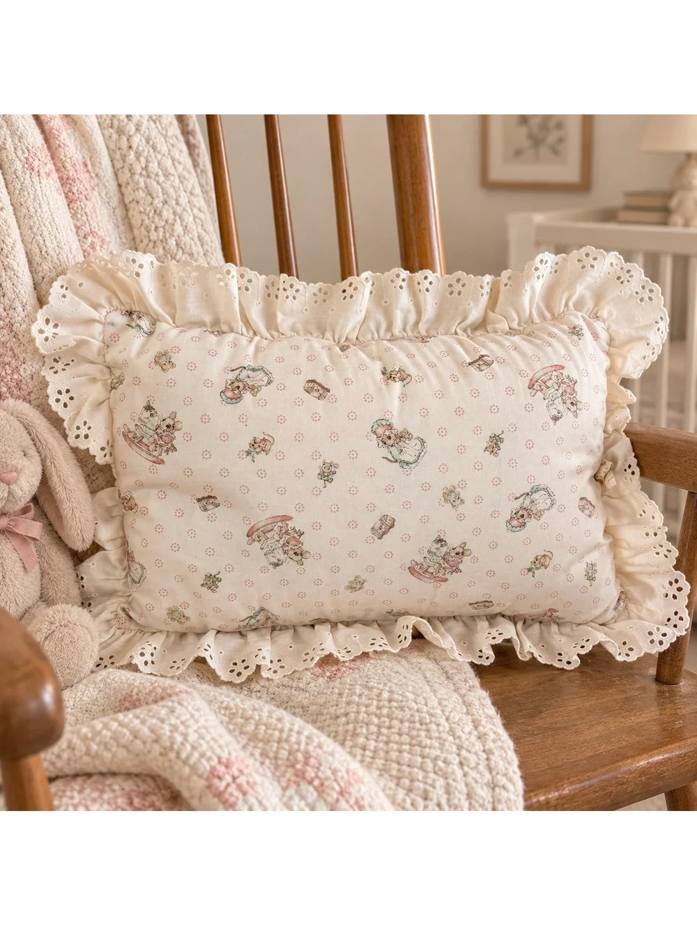 Vintage Nursery Pillow Mice Rocking Horse Eyelet Lace Ruffle Cottagecore Gift